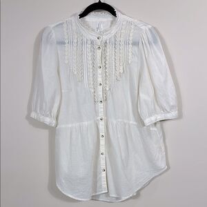 Anthropologie Feather Bone Beatrice Lace-Trimmed Button Cotton Blouse Women Sz 8